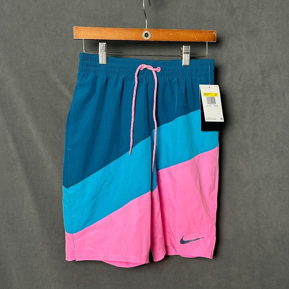 NWT Nike Mens Swim Trunks S Blue Pink Colorblock Volley Shorts NESSD470-670 NEW